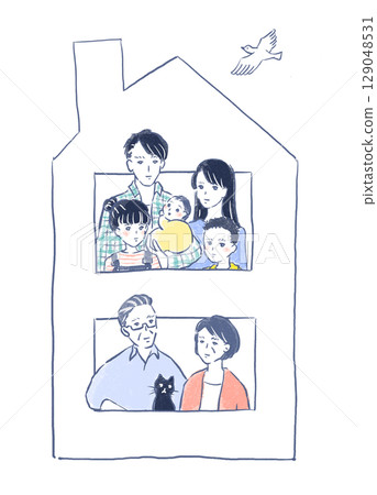Illustration of a three-generation family living in a two-generation house 129048531