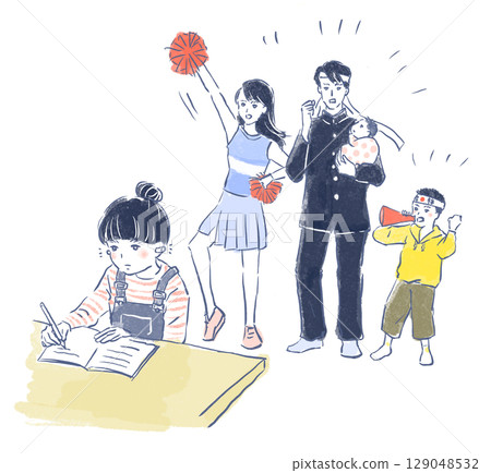 一家人為正在準備的大女兒加油的插圖 一家人為正在準備的大女兒加油的插圖 129048532