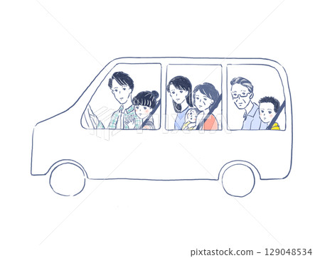 Illustration of a three-generation family going out in a private car Illustration of a three-generation family going out in a private car 129048534