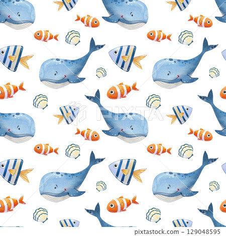 Seamless watercolor pattern in marine style. Illustration with blue whales, fish and shells 129048595