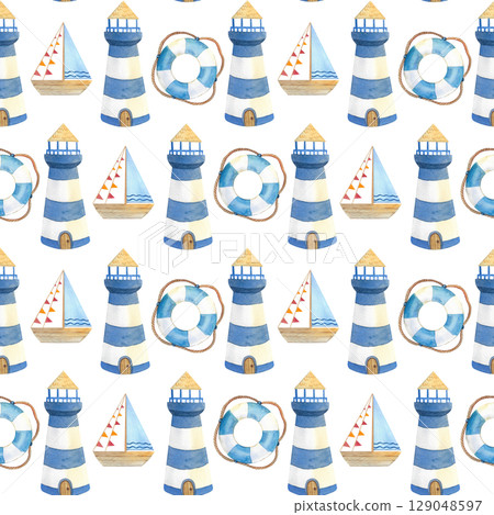 Seamless watercolor pattern in marine style. Illustration with lighthouses and boat and lifebuoy 129048597