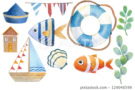 Watercolor illustration with cute underwater animals. Set with shells, fish, whales, lighthouses, boat. Perfect for children party, greeting cards, nursery, invitations, birthday, party. Watercolor illustration with cute underwater animals. Set with shells, fish, whales, lighthouses, boat. Perfect for children party, greeting cards, nursery, invitations, birthday, party. 129048599