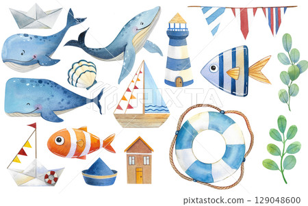 Watercolor illustration with cute underwater animals. Set with shells, fish, whales, lighthouses, boat. Perfect for children party, greeting cards, nursery, invitations, birthday, party. 129048600