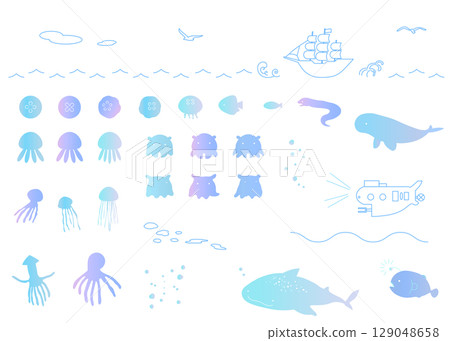 海洋主題插圖集：夏季、海洋、海洋生物、漸變 129048658
