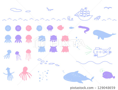 Marine motif illustration set: Summer, Ocean, Sea creatures, Gradient 129048659