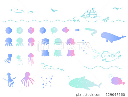 海洋主題插圖集：夏季、海洋、海洋生物、漸變 129048660