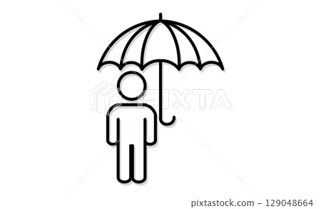 Simple line drawing illustration icon of a person holding an umbrella 129048664