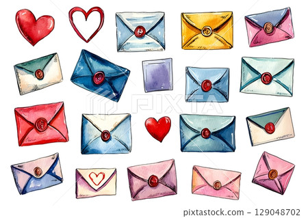 A charming watercolor illustration of colorful envelopes, each sealed with wax 129048702