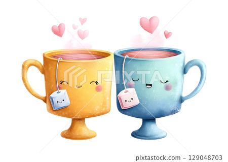 Cute illustration of two smiling teacups, colored yellow and blue, with tea bags and pink hearts above. 129048703