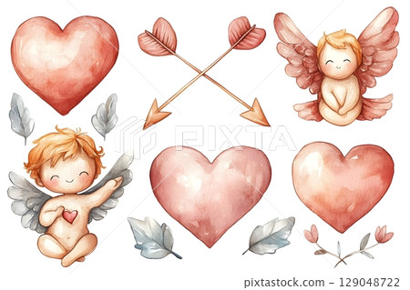 Lovely watercolor illustration featuring cute angels, hearts, arrows, and leaves. Lovely watercolor illustration featuring cute angels, hearts, arrows, and leaves. 129048722