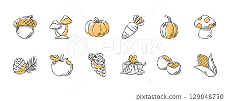 Autumn season hand drawn icon collection. Set 2 of 3. Vector illustration. 129048750