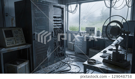 Abandoned science laboratory with old computers and server racks, post-apocalyptic interior with broken window looking out on rainy landscape Abandoned science laboratory with old computers and server racks, post-apocalyptic interior with broken window looking out on rainy landscape 129048758
