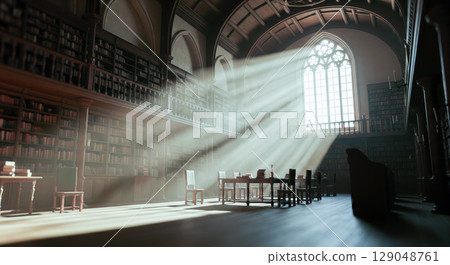 Bright sunlight streaming through window into old library reading room, vintage interior with bookshelves, tables, and dramatic god rays 129048761