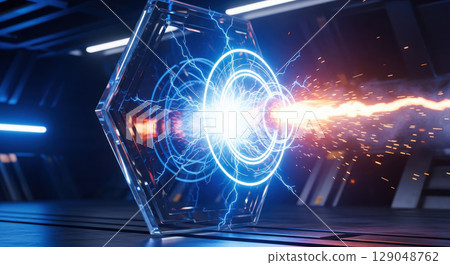 High energy particle collision with futuristic reactor core, powerful laser beam hitting blue plasma field with sparks, abstract science and technology background 129048762