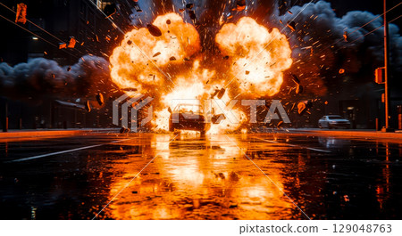 Car explosion on a wet city street at night, huge fireball and debris from a vehicle bomb creating a dangerous action scene Car explosion on a wet city street at night, huge fireball and debris from a vehicle bomb creating a dangerous action scene 129048763