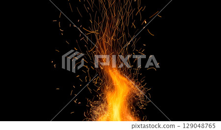 Fire flame with sparks in beautiful curved shape, abstract bonfire embers overlay on black background for design and photo editing 129048765