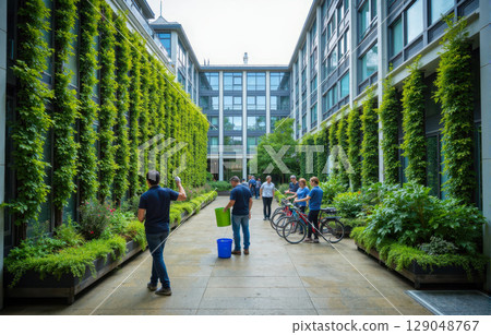 Modern eco friendly office building with vertical green walls and people in courtyard. Concept of sustainable architecture and healthy workplace Modern eco friendly office building with vertical green walls and people in courtyard. Concept of sustainable architecture and healthy workplace 129048767