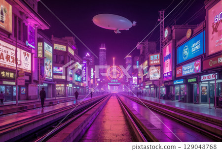 Futuristic city street with glowing neon signs at night, a concept of cyberpunk metropolis with advanced technology and vibrant life Futuristic city street with glowing neon signs at night, a concept of cyberpunk metropolis with advanced technology and vibrant life 129048768