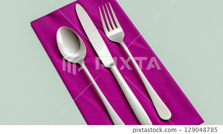 Elegant cutlery set with fork, knife and spoon on purple napkin, stainless steel flatware for formal table setting, restaurant dinner or special event celebration Elegant cutlery set with fork, knife and spoon on purple napkin, stainless steel flatware for formal table setting, restaurant dinner or special event celebration 129048785
