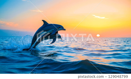 Two synchronized dolphins jumping together from sea at sunset, beautiful image of teamwork, friendship and amazing wild animal nature 129048799
