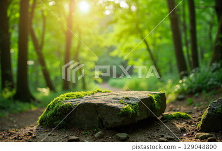 Natural stone podium with moss for product presentation, empty rock display on forest path with beautiful sunlit background Natural stone podium with moss for product presentation, empty rock display on forest path with beautiful sunlit background 129048800