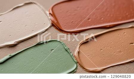 Cosmetic swatches of foundation and concealer on textured background, makeup cream smears in different skin tone colors, beauty and skincare product concept Cosmetic swatches of foundation and concealer on textured background, makeup cream smears in different skin tone colors, beauty and skincare product concept 129048820