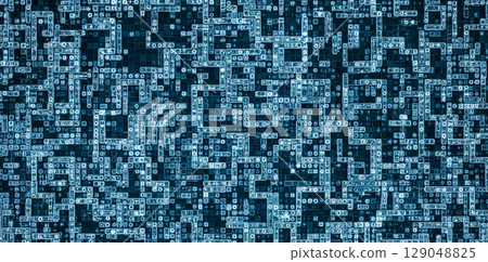 Abstract technology banner with blue digital circuit pattern and futuristic labyrinth, a complex network texture for computer science background and modern hardware design 129048825