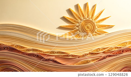 Paper quilling art background with handmade sun and sea waves, creative landscape craft for summer vacation theme and beautiful orange papercraft texture design Paper quilling art background with handmade sun and sea waves, creative landscape craft for summer vacation theme and beautiful orange papercraft texture design 129048826