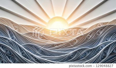 Blue paper quilling landscape showing ocean waves and glowing sunrise, handmade papercraft art for new day hope concept and beautiful contemporary craft banner 129048827