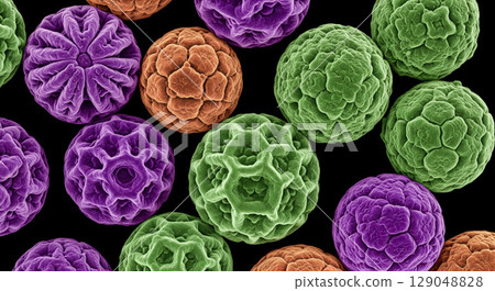 Colorful pollen grains under microscope, science background with microscopic cells for allergy research and biology education theme showing detailed organism texture 129048828