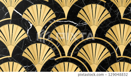 Art deco background with golden geometric fan pattern on black marble, luxury vintage style for elegant wallpaper and 1920s gatsby party invitation 129048832