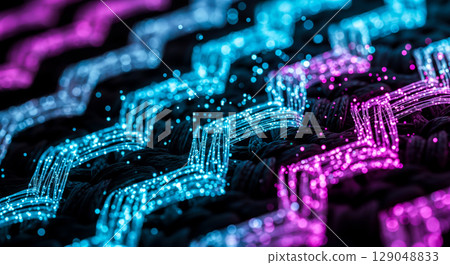 Glowing smart fabric with neon data stream, closeup of futuristic textile with blue and purple lights, wearable technology and network connection concept 129048833