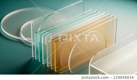 Abstract background with colorful glass panels in layered composition, modern creative wallpaper for business presentation or technology product display podium 129048834