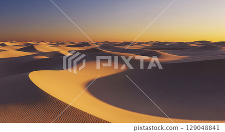 Beautiful desert landscape with golden sand dunes at sunset, serene nature background with calm scenery in sahara, travel and adventure concept 129048841
