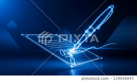 Signing electronic contract with glowing blue pen on digital document, online business agreement concept for legal partnership and futuristic paperless office technology 129048845