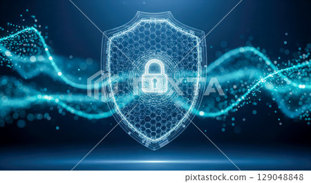 Cybersecurity concept with glowing shield and padlock icon, digital protection background for internet safety and data security against hacker attack 129048848