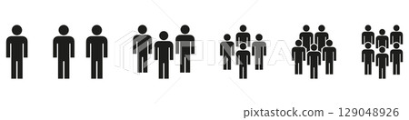 People Grouping Progression Solid Icon Set. Social Dynamics, Community Growth, And Population Increase Silhouette Symbol Collection. Human Interaction Representation. Isolated Vector Illustration 129048926