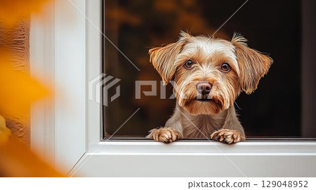A lonely dog gazing at the autumn scenery from the window 129048952