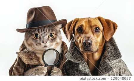 Mystery team of cat and dog, lined up detective-style 129048957