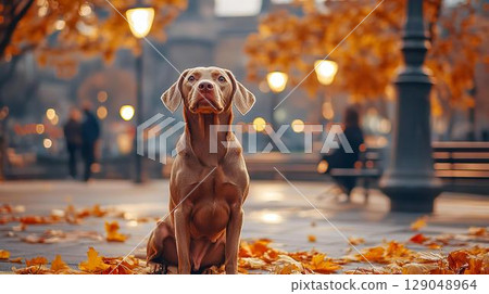 A gentle dog watches over the autumn leaves of the town illuminated by streetlights 129048964