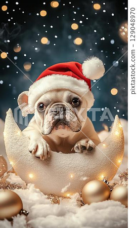 戴著聖誕帽的法國鬥牛犬睡在月亮床上 129048970