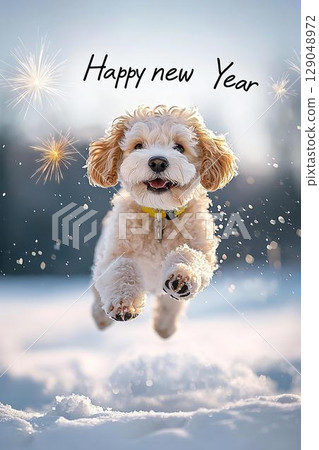 雪地裡的小狗用整個身體表達新年的喜悅 129048972