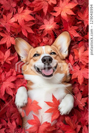 A happy Corgi lying on a carpet of autumn leaves 129048994