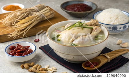 A bowl of chicken soup with ginseng roots and rice on a table setting 129049090