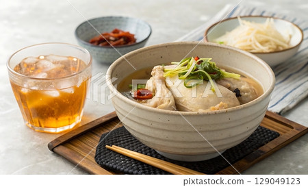 Close up of korean samgyetang chicken soup with side dishes and iced drink 129049123