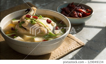 A bowl of chicken soup with tofu and garnishes next to a bowl of red food 129049134