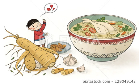 Samgyetang depicted in a cartoon or animated style with bold outlines vibrant colors and a steaming bowl 129049142