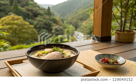 A bowl of soup and side dish on a table with a mountain view background 129049152
