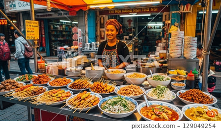 Lively Southeast Asian food stalls 129049254