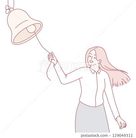 A Happy Woman Joyfully Ringing a Bell, Radiating Pure Excitement and Delightful Emotions 129049311